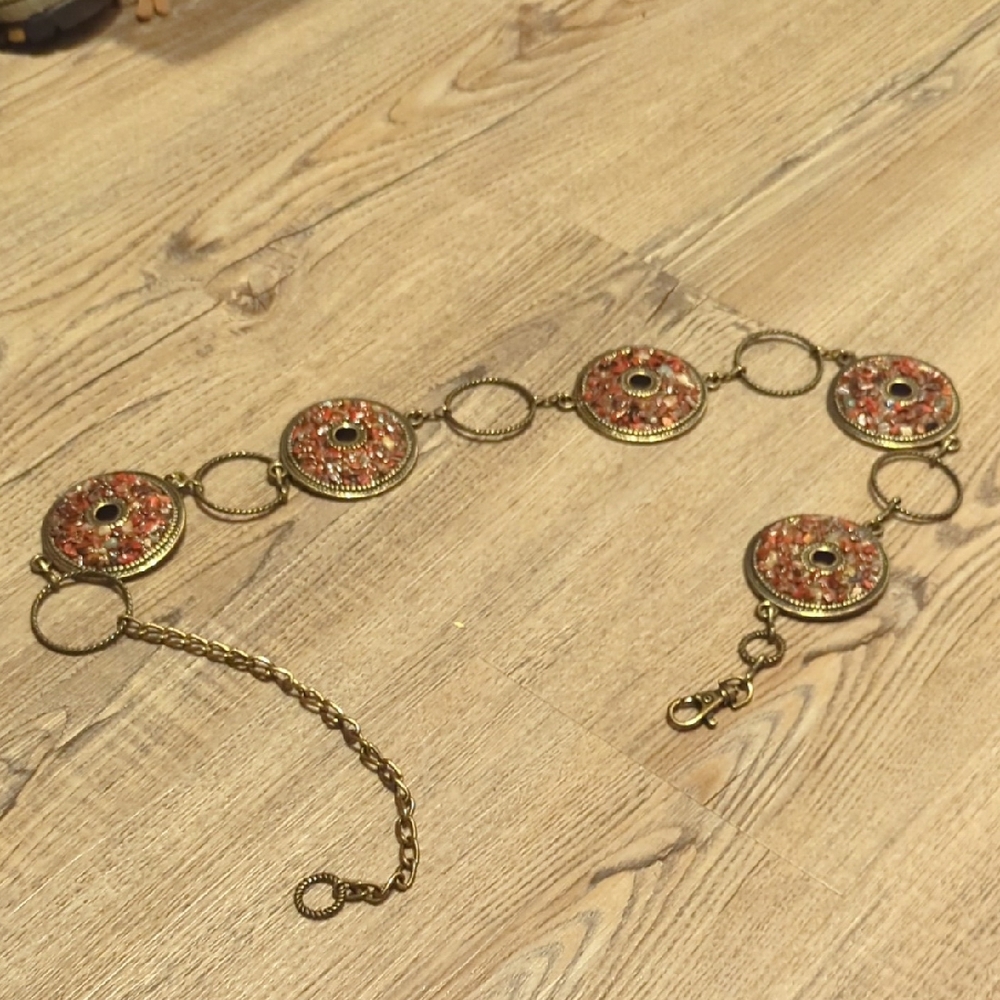 Gold and Red Beaded Chain Belt